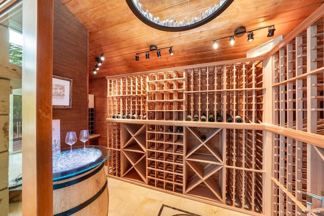 wine cellar with wooden walls, rail lighting, and wooden ceiling