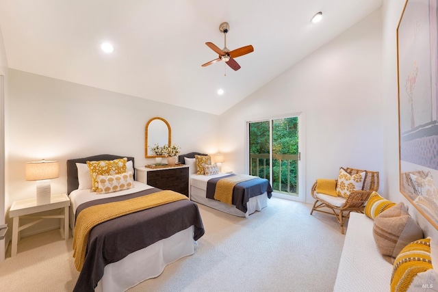 bedroom featuring light carpet, access to outside, high vaulted ceiling, and ceiling fan