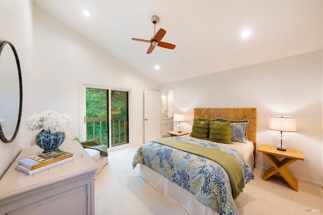 bedroom featuring ceiling fan, high vaulted ceiling, and light carpet