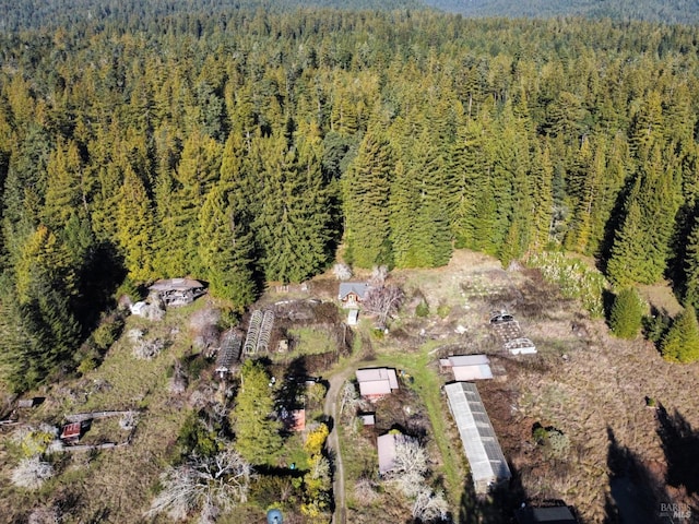 drone / aerial view featuring a wooded view