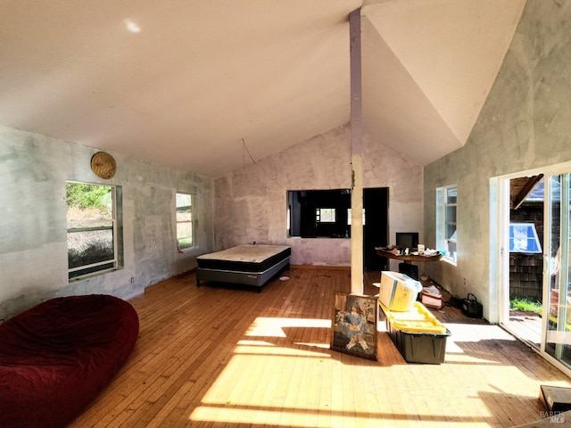 bedroom with light hardwood / wood-style flooring and lofted ceiling