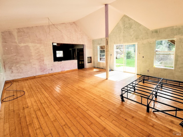 interior space with hardwood / wood-style flooring and high vaulted ceiling