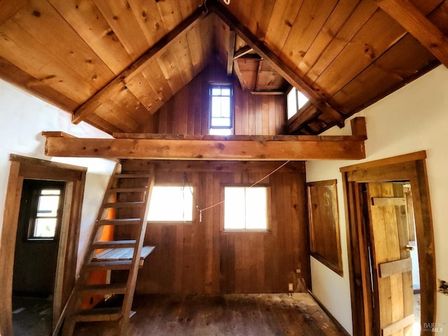 additional living space featuring high vaulted ceiling, wood ceiling, and wood finished floors