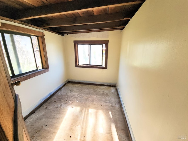 spare room with wood ceiling, beamed ceiling, and baseboards