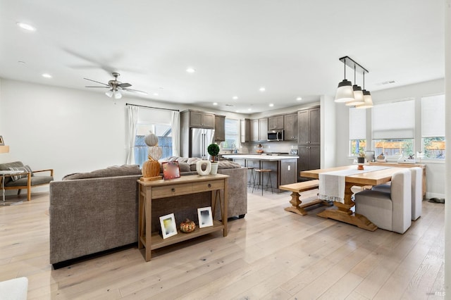 living room featuring ceiling fan, a healthy amount of sunlight, and light hardwood / wood-style flooring