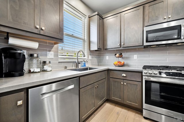 kitchen featuring stainless steel appliances, light hardwood / wood-style floors, sink, backsplash, and dark brown cabinets