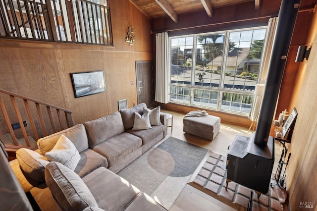 living room featuring a healthy amount of sunlight, a wood stove, and wooden walls