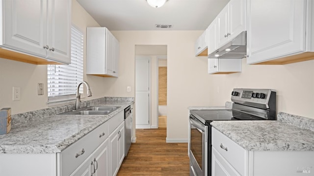 kitchen featuring appliances with stainless steel finishes, dark hardwood / wood-style flooring, white cabinets, and sink