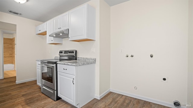 kitchen featuring white cabinets, electric range, and hardwood / wood-style flooring