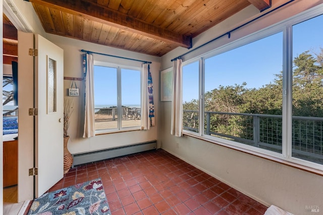 unfurnished sunroom featuring a wealth of natural light, a baseboard heating unit, beam ceiling, and wood ceiling