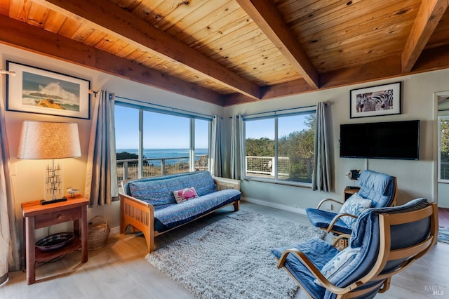 sitting room featuring light wood-type flooring, wood ceiling, and beamed ceiling