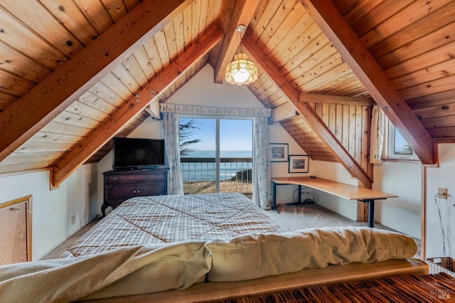 bedroom with wood ceiling, carpet floors, access to outside, and lofted ceiling with beams