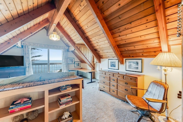 living area with vaulted ceiling with beams, a water view, wood ceiling, and carpet flooring