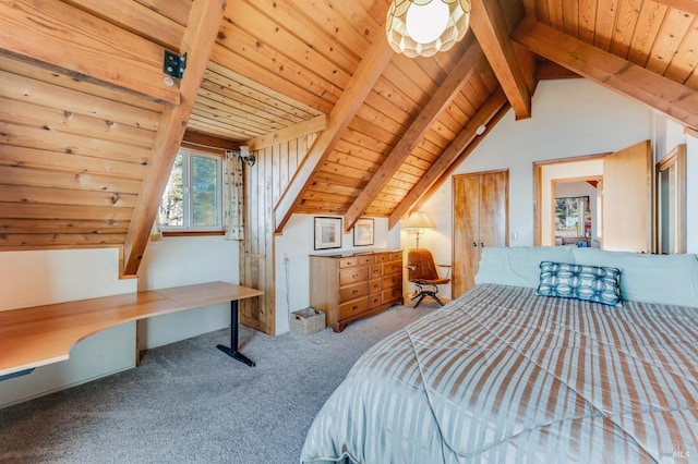 bedroom with wooden ceiling, carpet, and lofted ceiling with beams