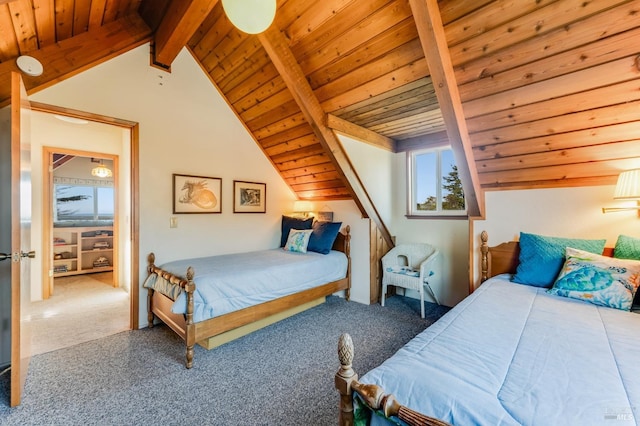 bedroom featuring carpet, wood ceiling, and vaulted ceiling with beams