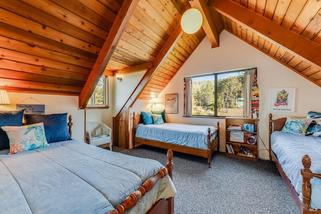 carpeted bedroom with lofted ceiling with beams and wood ceiling