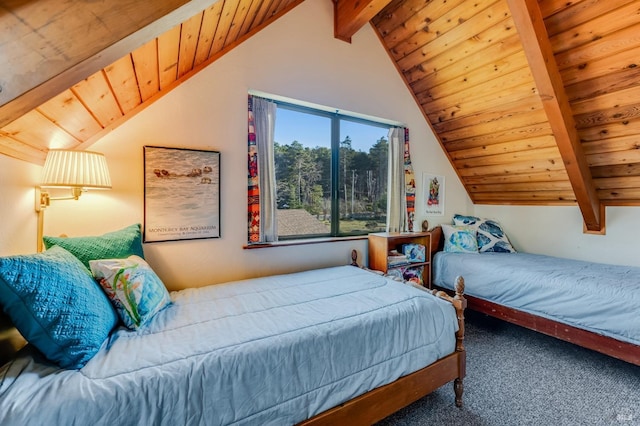 carpeted bedroom featuring wood ceiling and vaulted ceiling with beams