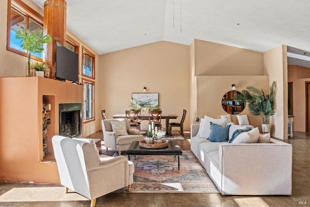 living room with lofted ceiling