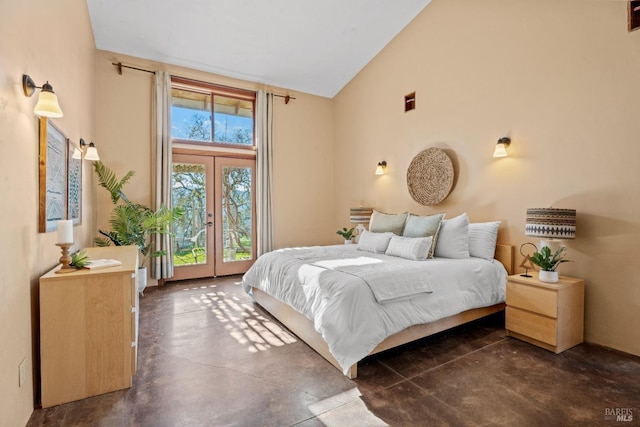 bedroom featuring french doors, access to exterior, and high vaulted ceiling