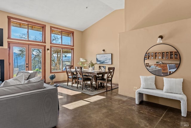 living room featuring french doors and high vaulted ceiling