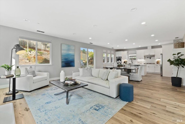 living room featuring plenty of natural light and light hardwood / wood-style floors