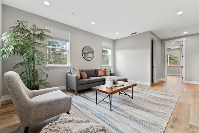 living room featuring a wealth of natural light and light hardwood / wood-style flooring