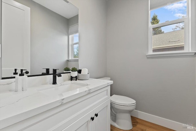 bathroom featuring hardwood / wood-style flooring, vanity, and toilet