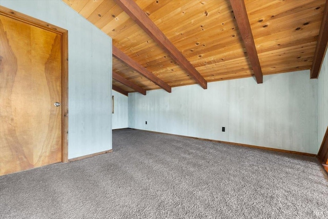 bonus room featuring wooden ceiling, carpet, and vaulted ceiling with beams