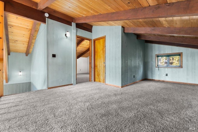 bonus room featuring carpet, lofted ceiling with beams, and wood ceiling