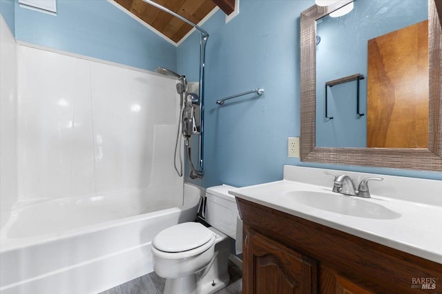 full bathroom with toilet, vanity, vaulted ceiling, wood ceiling, and bathtub / shower combination