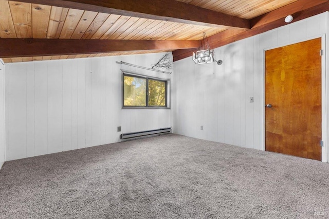 empty room featuring baseboard heating, carpet flooring, wood walls, and vaulted ceiling with beams