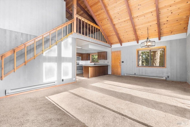 unfurnished living room featuring high vaulted ceiling, beam ceiling, wooden ceiling, and a baseboard radiator