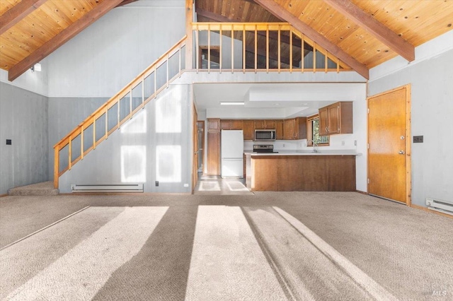 unfurnished living room with high vaulted ceiling, beam ceiling, a baseboard heating unit, and carpet