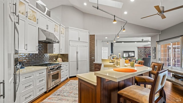 kitchen featuring vaulted ceiling with skylight, white cabinetry, a kitchen island with sink, and high end appliances