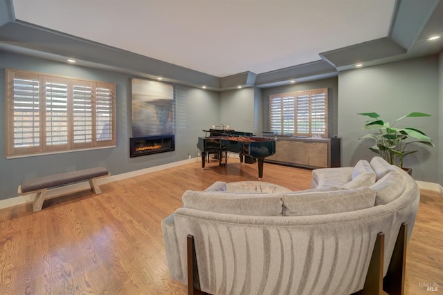 living room with light hardwood / wood-style flooring and a fireplace