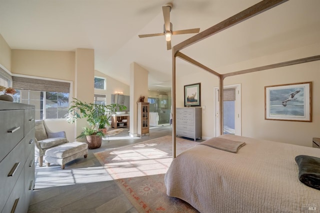 bedroom with ceiling fan and high vaulted ceiling