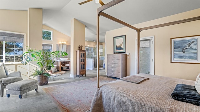 bedroom featuring lofted ceiling and ceiling fan