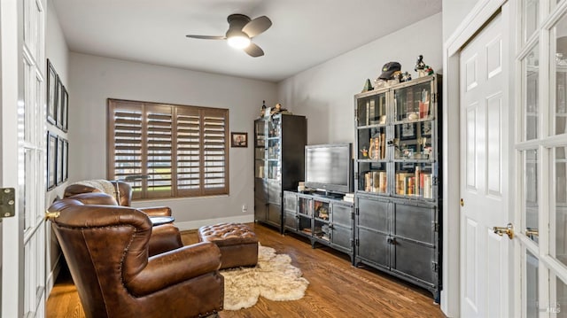 living area featuring ceiling fan and hardwood / wood-style floors