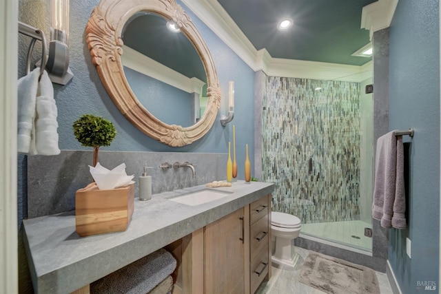 bathroom featuring vanity, tasteful backsplash, toilet, walk in shower, and crown molding