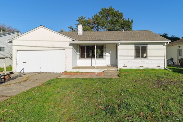 single story home featuring a front lawn, a porch, and a garage