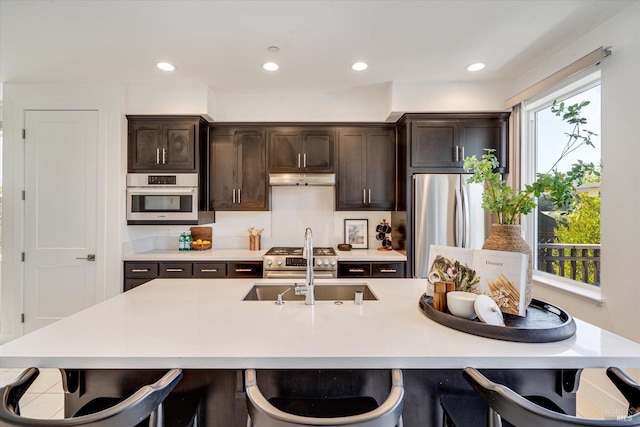 kitchen featuring dark brown cabinetry, a center island with sink, stainless steel appliances, and a healthy amount of sunlight