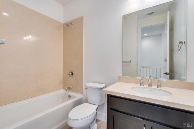 full bathroom with toilet, vanity, and bathing tub / shower combination