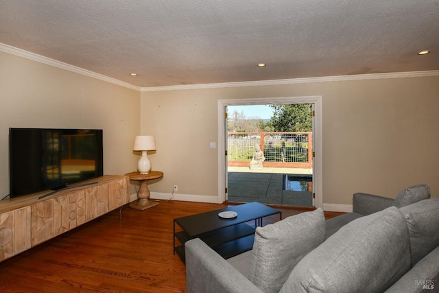 living room with a textured ceiling, dark hardwood / wood-style flooring, and ornamental molding