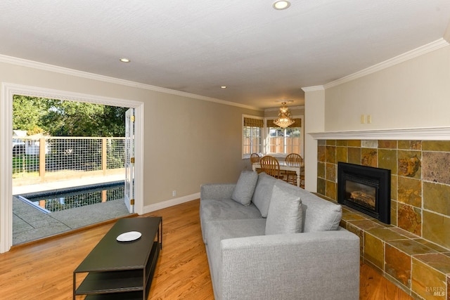 living room with hardwood / wood-style floors, ornamental molding, and a fireplace