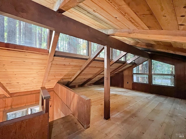 bonus room featuring light hardwood / wood-style floors, wood walls, lofted ceiling with beams, and wood ceiling