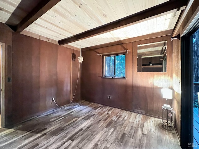 unfurnished room featuring wood ceiling, hardwood / wood-style flooring, wooden walls, and beamed ceiling