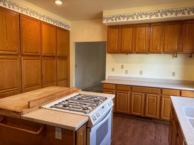 kitchen featuring gas range gas stove and dark hardwood / wood-style flooring