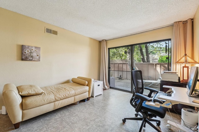 home office with a textured ceiling