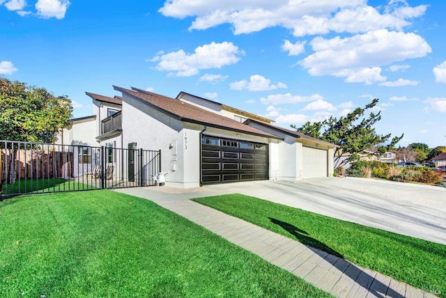 view of front of property with a front yard, a garage, and a balcony