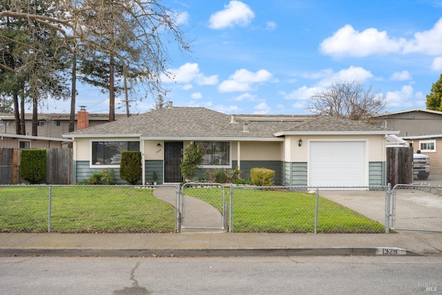 ranch-style house with a garage and a front yard